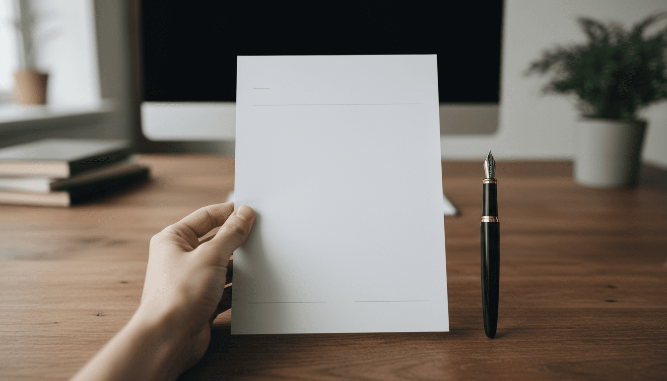 Hands holding contract and pen on wooden desk