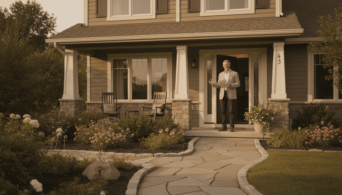 Homeowner confidently holding paperwork in their front doorway