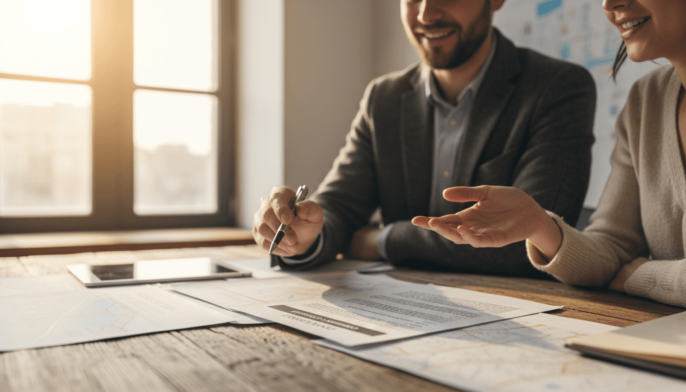 Two people reviewing property documents and discussing terms