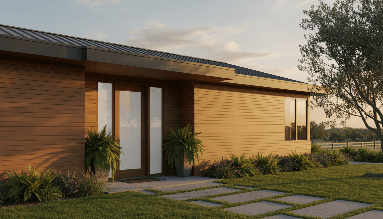 Modern residential home photographed during golden hour with warm natural lighting