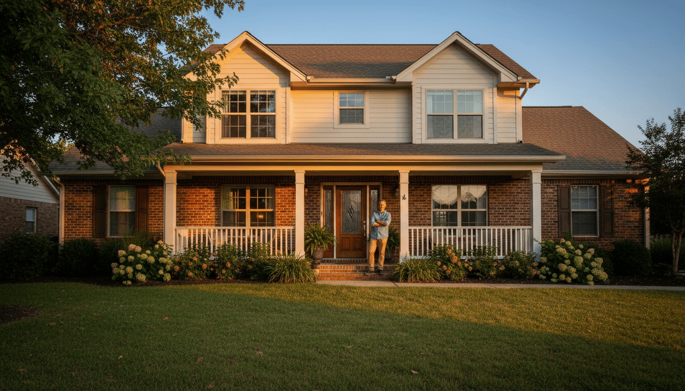 Homeowner standing on front porch of residential property during golden hour