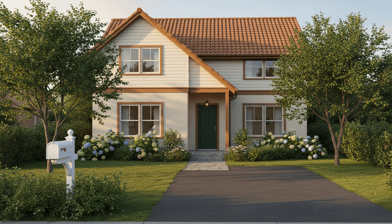 Residential home exterior in warm golden hour light