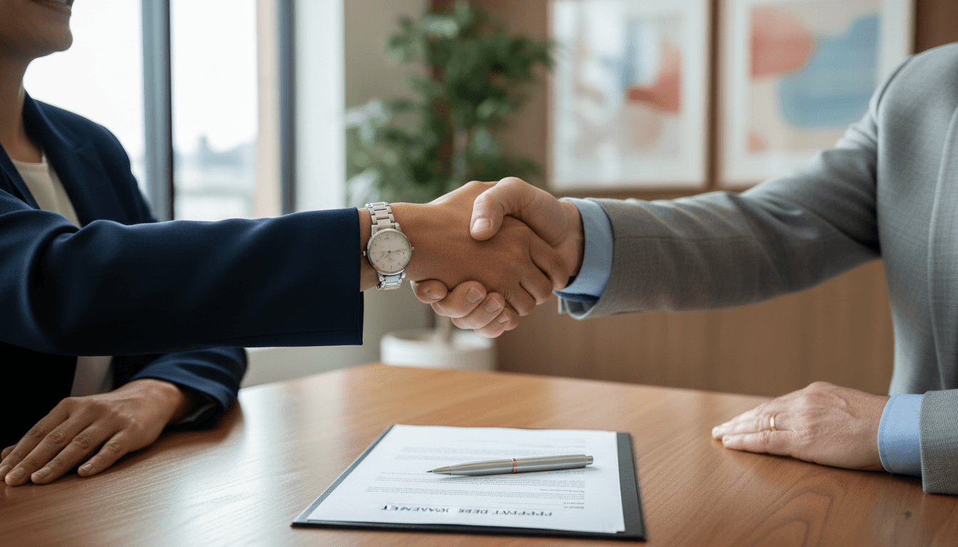 Real estate professional and homeowner shaking hands over property documents